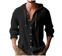 Warehouse Deals Angebote Leinenhemd Herren Baumwolle Leinen Hoodie Einfarbig Hoody Oberteile Knopfleiste Langarm Hemd mit Kapuze Modische Langarmshirt Schlank Sommer Shirt Leichte