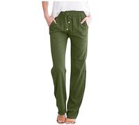 Warehouse Deals Angebote, Sommerhose Damen Leichte Sommerhose Damen Einfarbig Baumwolle Leinen Hose Casual Leicht Freizeithose Elastisch Taille Joggpants Damen Elegant Chinohosen (1-Green,M)