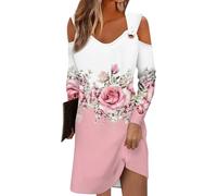Warehouse Deals Angebote, Sommerkleider Damen Festliche Kleider Für Damen Blumendruck V-Ausschnitt Lange Ärmel T-Shirt Kleid Lässiges Minikleid Kleid Hochzeitsgast Damen Damen Kleider Sommer(Pink,L)