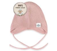 Warme gerippte Babymütze gestrickt aus 100% Merinowolle I Unisex Strickmütze mit Ohrenklappen und Bindebändern I weiche Baby Wollmütze ohne Futter I Rippenstrick (Hellrosa, 9M (44-48))