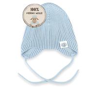 Warme gerippte Babymütze gestrickt aus 100% Merinowolle I Unisex Strickmütze mit Ohrenklappen und Bindebändern I weiche Baby Wollmütze ohne Futter I Rippenstrick (Blau, 3M (36-40))
