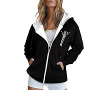 Warme leichte Outdoor-Jacke für Damen, modisch, mit Kapuze, langärmelig, Tasche, Reißverschluss, Sportmantel, lockerer Druck, lange Winterjacken für Damen, Schwarz , 3XL