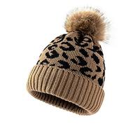 Warme Strickmütze aus Wolle mit Leopardenmuster und Pompon, weich, Stretch, dick, Strickmütze, Damen, Outdoor, lässig, Wintermütze, warme Wintermütze für Damen, die Ohren mit einem Rand bedeckt, khaki