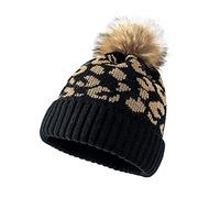 Warme Strickmütze aus Wolle mit Leopardenmuster und Pompon, weich, Stretch, dick, Strickmütze, Damen, Outdoor, lässig, Wintermütze, warme Wintermütze für Damen, die Ohren mit einem Rand bedeckt