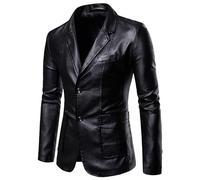 Warmer Herren Blazer Lederjacke Klassischer Lederblazer mit gekerbtem Kragen Business Casual Anzug Mantel mit Taschen (Schwarz,L)