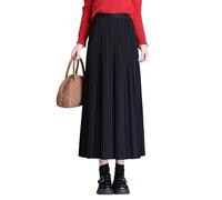 Warmer, Langer Wollrock Für Damen Im Winter Und Herbst, Elegant, Elastisch, Hohe Taille, Vintage-Wollmischung, A-Linie, Plissierter Maxirock, Schwarz