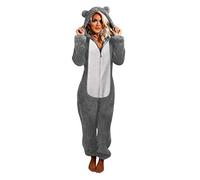 Warmer Onesie aus Plüsch, Pyjama, mit Kapuze, Overall aus Molton, Pyjama, Nachtwäsche, Strampler, Overall, Pyjama, Fleece, Damen, Herbst, Winter, grau, 38