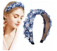 Warmhm Geknotetes Jeans Haarband Mit Strasssteinen Breites Denim Stirnband in Hellblau Perlenverziertes Haaraccessoire Für Damen Vielseitig Für Hautpflege Party Und Alltag