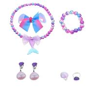 Warmhm Meerjungfrau Schmuckset für Mädchen mit Verstellbarem Ring Ohrclips Armband und Halskette in Violett Prinzessin Perlen accessoires für Party und Alltag