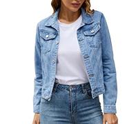 Wash Jeansjacke für Damen, einfarbig, Knopfleiste, Denim-Baumwolle, mit Taschen, Denimjacke, Mantel, dünne Jeansjacke, blau, L