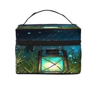 Wasserdichte große Kosmetiktasche mit Glühwürmchen und Laterne, für Reisen und Fitnessstudio, Make-up-Organizer mit 4 elastischen Bändern und Fächern, hochwertiger Köperstoff., Schwarz , Einheitsgröße