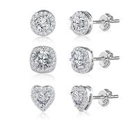 WATEFOER 3 Paar 925 Sterling Silber Ohrstecker mit Zirkonia für Frauen 18K Gold plattiert Herz Quadrat Runde Ohrstecker Set, Halo Diamant Ohrringe Set für Damen Herren, Unisex