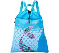 WAWSAM Meerjungfrau Turnbeutel Kinder - Sportbeutel für Mädchen und Sport Schule Strand Reisen Schwimmen Sportbeutel mit Reißverschlusstasche Wasserflasche Tasche