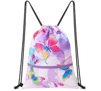 WAWSAM Turnbeutel Kinder, Schmetterling Rucksack mit Kordelzug für Mädchen, Wasserdichte Sportbeutel für Sport und Strand, Schwimmtasche kinder mit Reißverschlusstasche für Geburtstag Geschenk