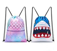 WAWSAM Turnbeutel Set für Kinder, Meerjungfrau und Hai Rucksacks mit Kordelzug, Wasserdicht Strand Schwimmen Schule Reisen Sackpack