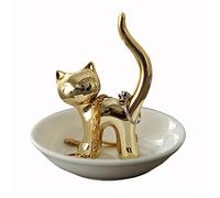 WAYER Katze ringhalter, Schmuck Ring Halter Ring behälter Kupferring-Inhaber Keramikplatten Adorable Katze Badezimmer Schmuck behälter-golden 10x10.5cm(4x4inch)