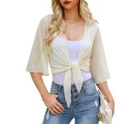 Wayleb Bolero Damen Festlich 3/4 Ärmel Cardigan Jacke Sommer Kurze Strickjacke Elegant Offen Kurzarm Bolero Jäckchen für Abendkleid, Beige M