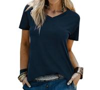 Wayleb Damen Oberteile V-Ausschnitt Kurzarm Baumwollmischung Weiches Basic Casual Tee Locker Fit Frühling Sommer Herbst Alltag Büro Shopping Freizeit, Navy blau XL