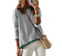 Wayleb Damen Pulli Langarm Rundhals Gestreift Leicht Locker Casual Büro Frühling Herbst Strickpullover Strick Pullower Sweater, Schwarz-Weiß/Grüner Kragen XL