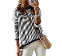 Wayleb Damen Strick Pullower Langarm Rundhals Gestreift Leicht Frühlingslook Casual Strickpullover Pulli Sweater, Schwarz-Weiß L