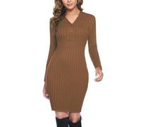 Wayleb Geripptes Strickkleid Damen Figurbetont Warmes Langarmkleid Mode Herbst Winter Karamell M
