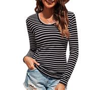 Wayleb Gestreiftes Damen Langarmshirt Rundhals Sport Top für Alltag Sportaktivitäten Shirt mit Stylischer Passform Schwarze Streifen XS-XXL