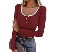 Wayleb Henley Shirt Damen Langarm Slim Baumwoll Langarmshirts Mit Knopfleiste Rippshirt Gerippt Basic Frühling Büro Oberteil T-Shirt Weinrot S-3XL