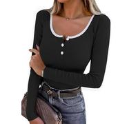 Wayleb Rippshirt Damen Langarm Leichte Baumwolle Longsleeve Gerippt Slim Fit Freizeit Indoor Outdoor T-Shirt Langarmshirt Bluse Schwarz S-3XL