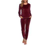 Wayleb Schlafanzug Damen Lang Zweiteiler Samt Pyjama Set Loungewear Freizeitanzug Herbst Winter Jogginganzug Hausanzug Warm Velour Rundhals Langarm Oberteile mit Hose 2er, Weinrot L