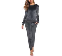 Wayleb Schlafanzug Damen Lang Zweiteiler Samt Pyjama Set Loungewear Freizeitanzug Herbst Winter Jogginganzug Hausanzug Warm Velour Rundhals Langarm Oberteile mit Hose 2er, Grau L