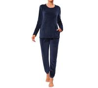 Wayleb Schlafanzug Frauen Warm Langarm Set aus weichem Samt-Fleece Pyjama Zweiteiler mit Rundhals Taschen Hose mit Kordelzug Winter Hausanzug, Navy blau -B, M