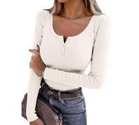 Wayleb Shirt Langarm Damen Anliegend Stretch Baumwoll Longsleeve Gerippt Henley Knopf Basic Alltag Freizeit Pulli Rippshirt T-Shirt Weiß S-3XL
