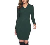 Wayleb Strick Minikleid Damen V-Ausschnitt Knopfleiste Langarm Weiches Herbst Winter Freizeitkleid Dunkelgrün L