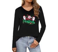 Wayleb T Shirt Weihnachten Damen V-Ausschnitt Langarmshirt mit Santa Claus Motiv Elegant Bequem Weihnachts Oberteil Party Tshirt Schwarz 3XL