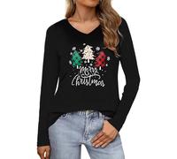 Wayleb Weihnachtsshirt Damen V-Ausschnitt Langarmshirt mit Weihnachtsbaum Motiv Weich Bequem Weihnachts Oberteil Frauen Lustig T-Shirt Weihnachten Schwarz 3XL