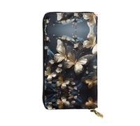 WBQLSL Goldfarbene weiße Schmetterlinge, schwarzer Reißverschluss, Ledergeldbörse, 19,1 x 10,4 cm lange Clutch, mehrere Fächer und großes Fassungsvermögen, ein gutes Geschenk für Freunde
