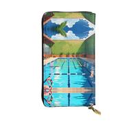 WBQLSL Stilvolle Geldbörse aus Leder mit Flamingo und Schwimmbad, 19 x 10,5 cm lange Münzbörse mit Reißverschluss, praktische Reisegeldbörse