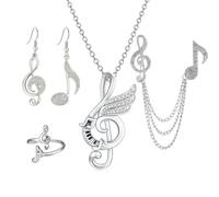 WCRAZYE Musiknoten-Schmuck-Set aus Legierung für Frauen, Geburtstags- und | Halskette und Ohrringe mit Musiknoten, verstellbarer Ring, Kristallbrosche, versilbert, vergoldet, Musik-Thema
