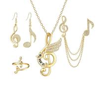 WCRAZYE Musiknoten-Schmuck-Set aus Legierung für Frauen, Geburtstags- und | Halskette und Ohrringe mit Musiknoten, verstellbarer Ring, Kristallbrosche, versilbert, vergoldet, Musik-Thema