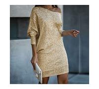 WDLZB Damen Pailletten Kleider - Unregelmäßiger Kragen Glitzer Party Frühling Sexy Kurzer Rock One Shoulder Backless Cocktailparty Kleid Herbst Langarm Pullover Kleider,Gold,S