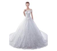 WDSOPK Off Shoulder Chapel Train Wedding Dress for Bride A Line Floral Embroidery Lace Appliques Lace Wedding Dress,White Us12(White-20 Plus)