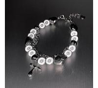 WDZDS 1/2 Stück Titanstahl elastisches reflektierendes Perlenarmband, 8 mm Acryl Magic Pearl Stretch-Armband mit Kreuz für Frauen, Partys