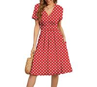 WEACZZY Damen Sommer Kurzarm Freizeitkleider V-Ausschnitt Floral Partykleid mit Taschen, Weiß mit roten Punkten, XX-Large