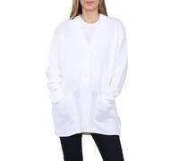 WEAR THE FASHION Damen-Strickjacke mit 2 Taschen, langärmelig, Knopfleiste vorne, lange Strickjacke, Übergröße, lockere Passform, weich, gestrickt, weiß, 50-52