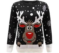 WearAll Damen Strickpullover Merry Christmas Long Sleeve Xmas Tree Ladies Pom Jumper 8-24, Rudolph Schwarz, 46/48/Große Größen