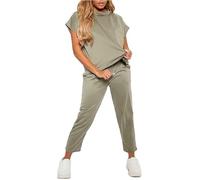 WearAll Womens Dogtooth Print And Plain Boxy Loungewear 2 Piece Top and Pants Co-ord Suit Plus Size Khaki - 36-38