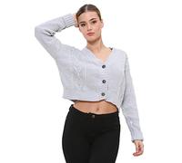 WearAll Women's Ladies Long Sleeve 3 Button Knitted Cropped Cardigan Chunky Aran Cable Grandad Crop Bolero Cardigans for Women Grey 8-10