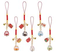 WEBEEDY 6 Stück Japanischer Maneki Neko Glückskatze Handyanhänger Katze Charme Maskottchen Anhänger Glücksanhänger Reichtum Gesundheit Glück Böses Vermeiden Hängende Ornamente Zurück zur Schule