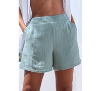 Webshorts BEACHTIME BY LASCANA "aus sommerlicher Musselinware", Damen, Gr. 40, N-Gr, grün (salbeigrün), Web, Obermaterial: 100% Baumwolle, unifarben, figurumspielend ca. Mitte Oberschenkel, Hosen, lei