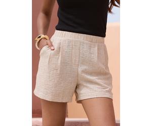 Webshorts BUFFALO "aus strukturierter Webware mit Melange-Optik", Damen, Gr. 46, N-Gr, beige meliert, Web, Obermaterial: 100% Polyester, meliert, figurumspielend ca. Mitte Oberschenkel, Hosen, kurze S